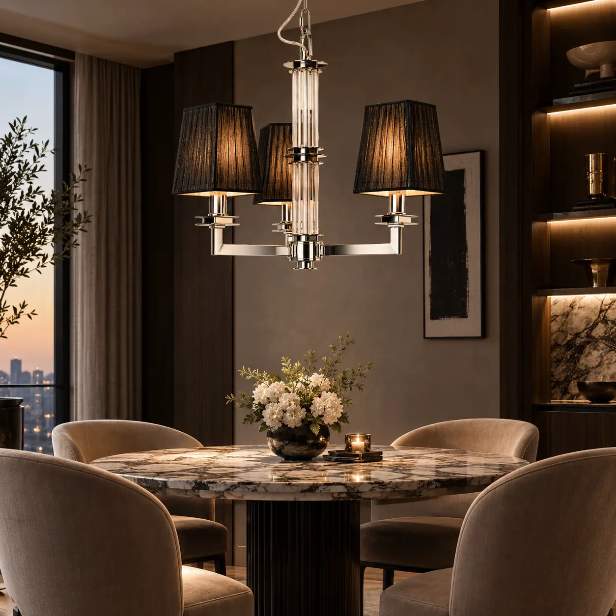 3D Rendering - Modern Luxury Dining Space with Polished Chrome Black Shade Chandelier