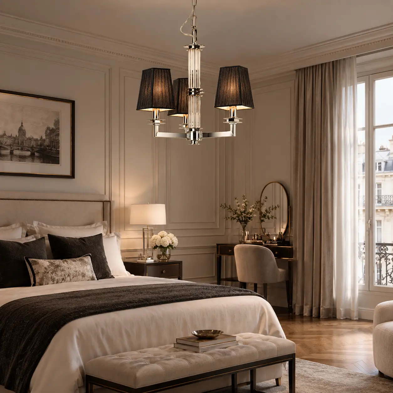 3D Rendering - Parisian Bedroom Setting with Chandelier