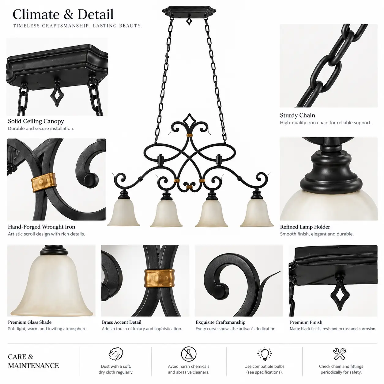 Matte-Black-Hand-Forged-Wrought-Iron-4-Light-Linear-Pendant-2 Matte-Black-Hand-Forged-Wrought-Iron-4-Light-Linear-Pendant-2