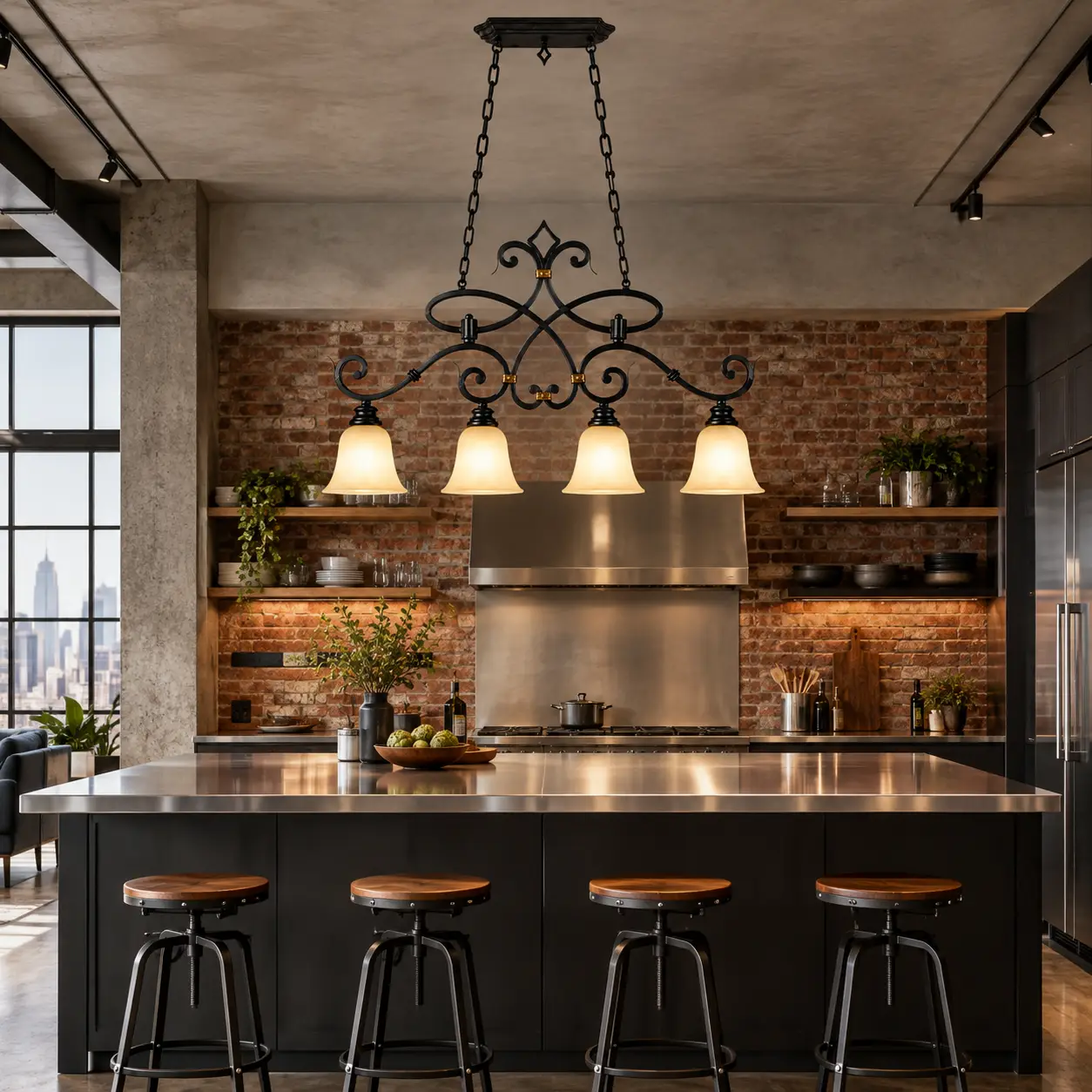 Matte-Black-Hand-Forged-Wrought-Iron-4-Light-Linear-Pendant-Modern-Industrial-Open-Lofts Matte-Black-Hand-Forged-Wrought-Iron-4-Light-Linear-Pendant-Modern-Industrial-Open-Lofts