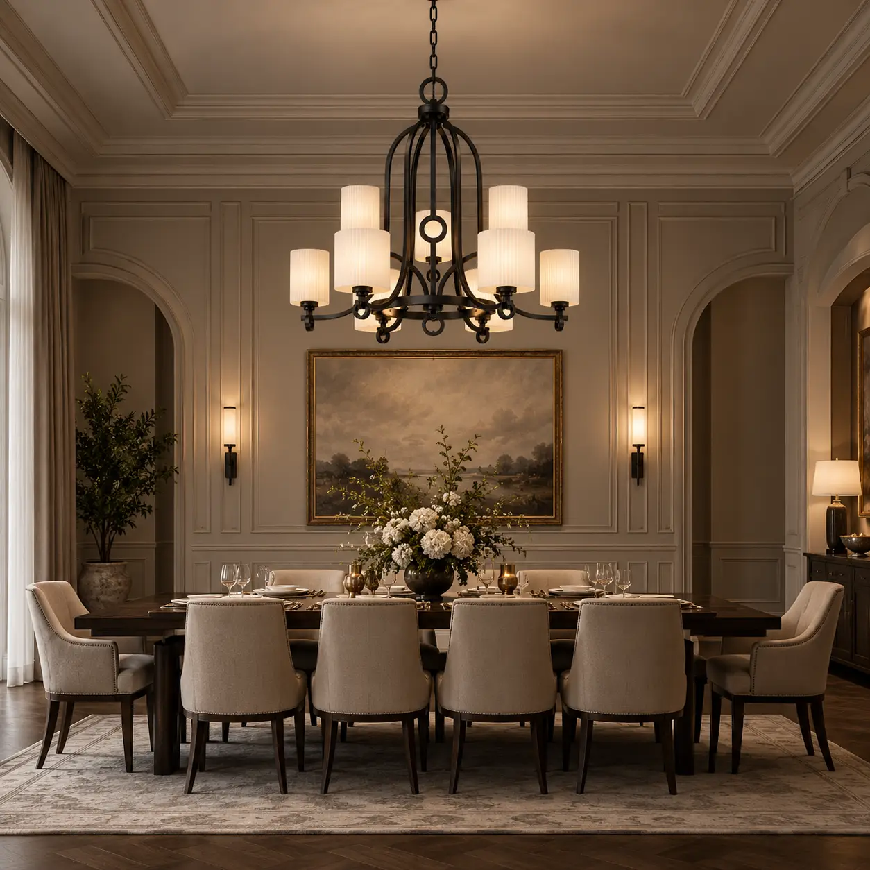 Metropolitan Grand 9-Light Tiered Chandelier over Executive Dining Table