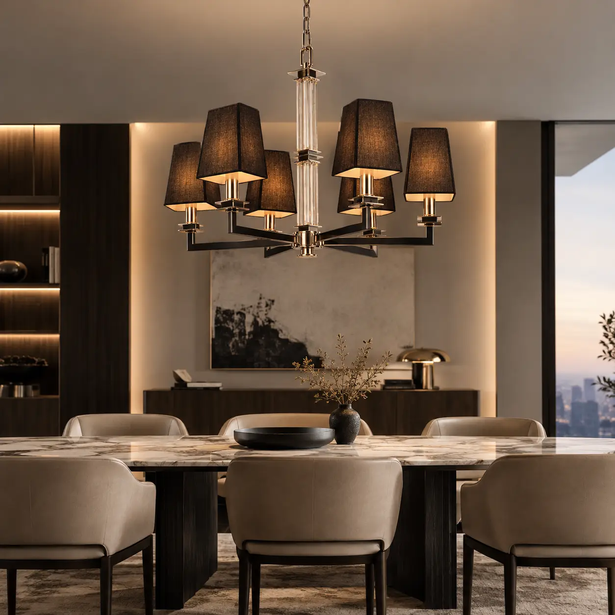 3D Rendering - Modern Luxury Dining Room with Matte Black Gold Chandelier
