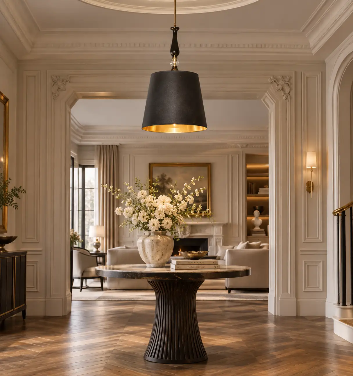 Noir Chic Tapered Drum Pendant in Modern Luxury Living Room