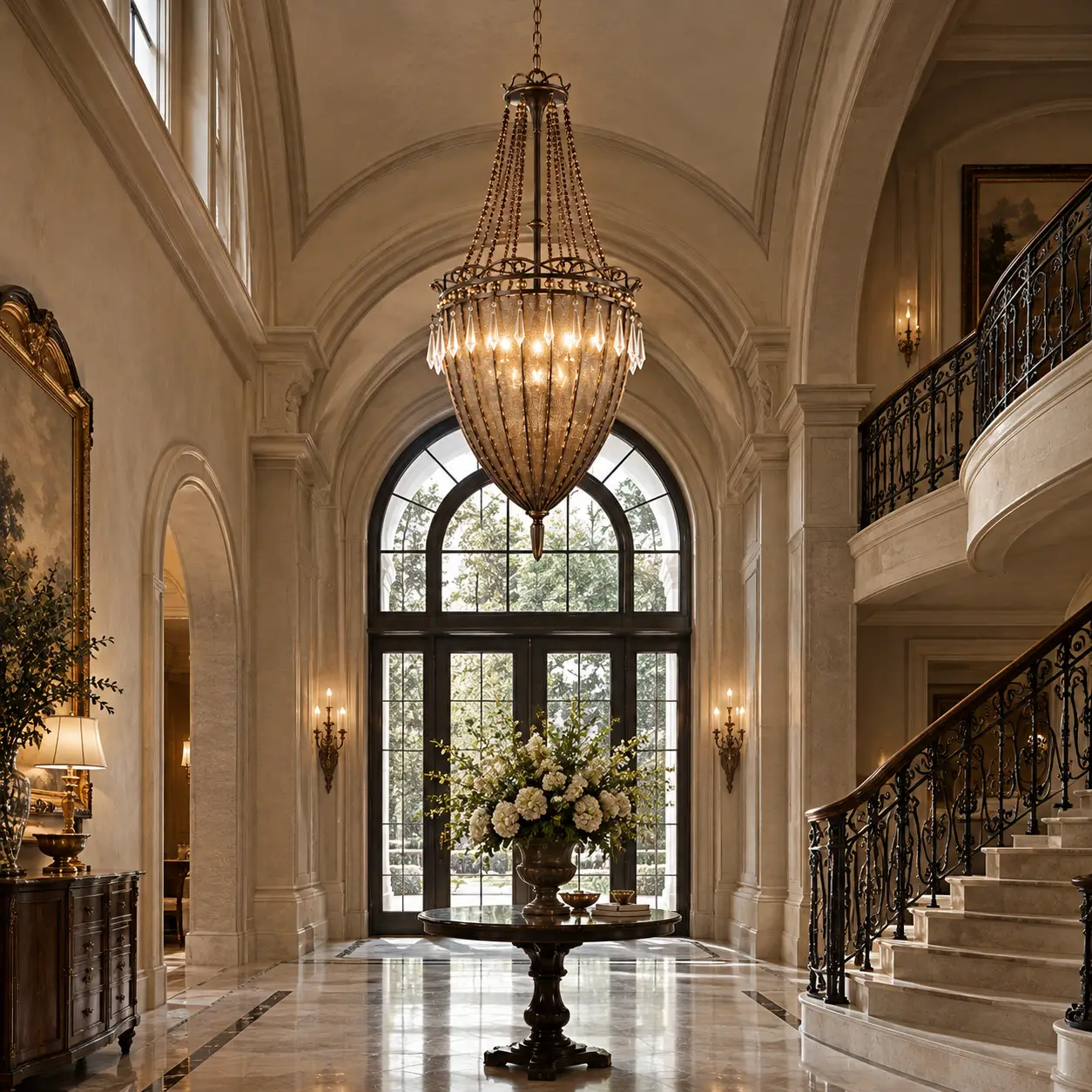 Regal Bronze Crystal Pendant 8-Light Chandelier in Double-Height Foyer