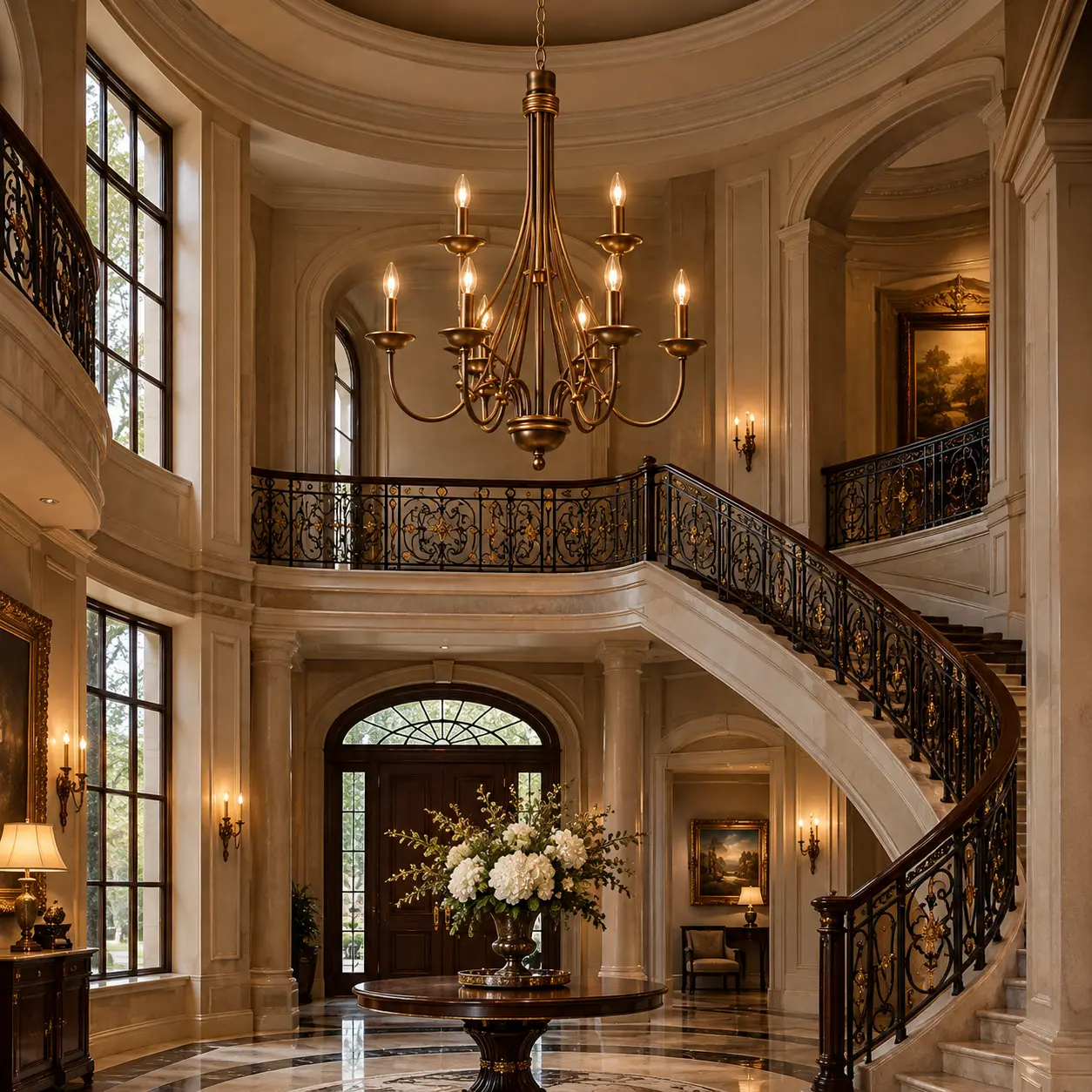 3D Rendering - Two-Tier Bronze Chandelier in Double-Height Foyer
