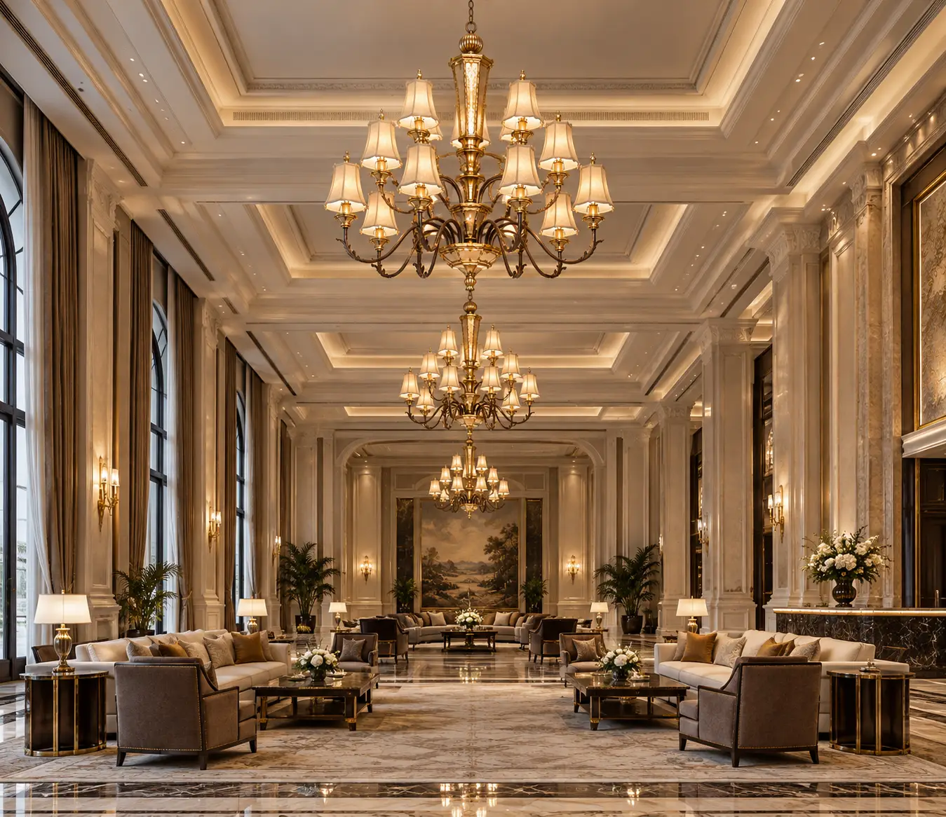 3D Rendering - Symmetrical Grand Chandeliers in Hotel Reception Lounge