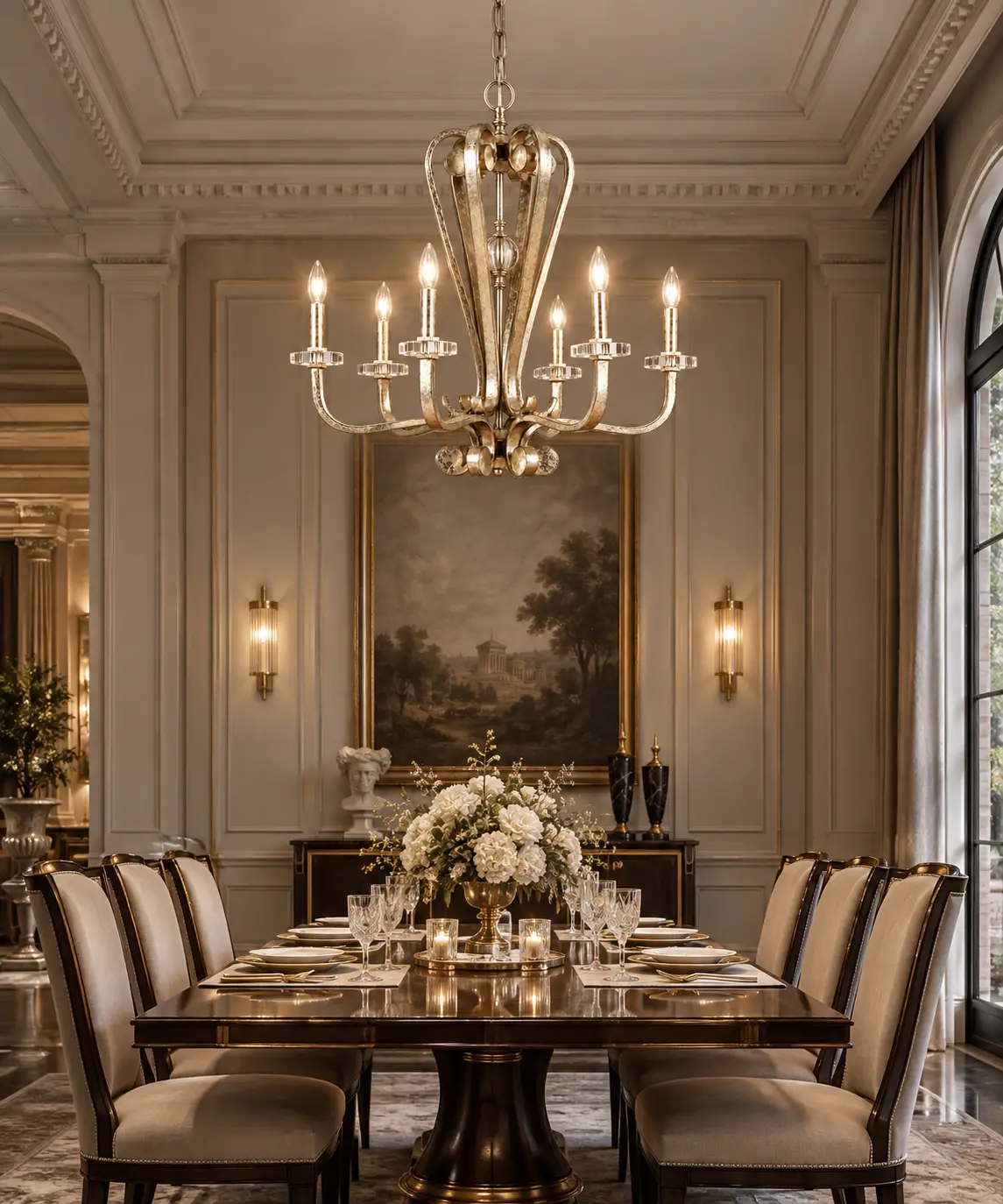 The Veridian Scroll 6-Light Chandelier in Neoclassical Dining Space