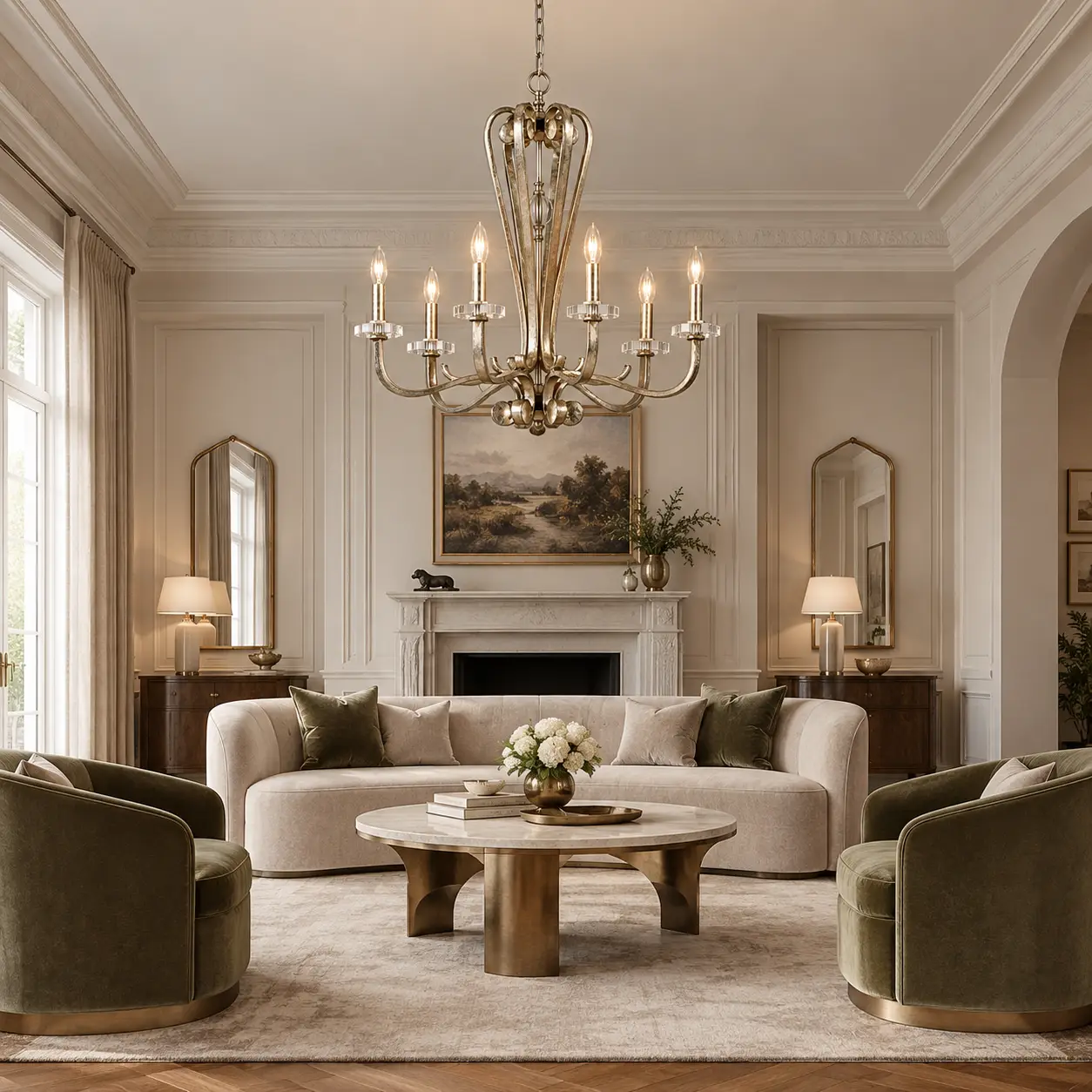 The Veridian Scroll 6-Light Chandelier in French Modern Living Room