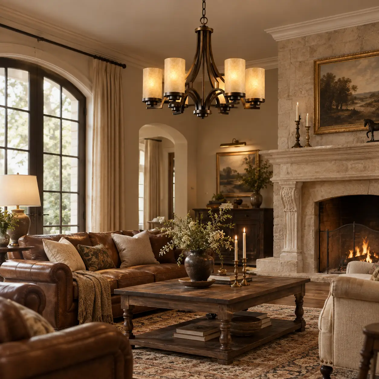 3D Architectural Render of Vintage 6 Light Bronze Pendant in French Country Lounge